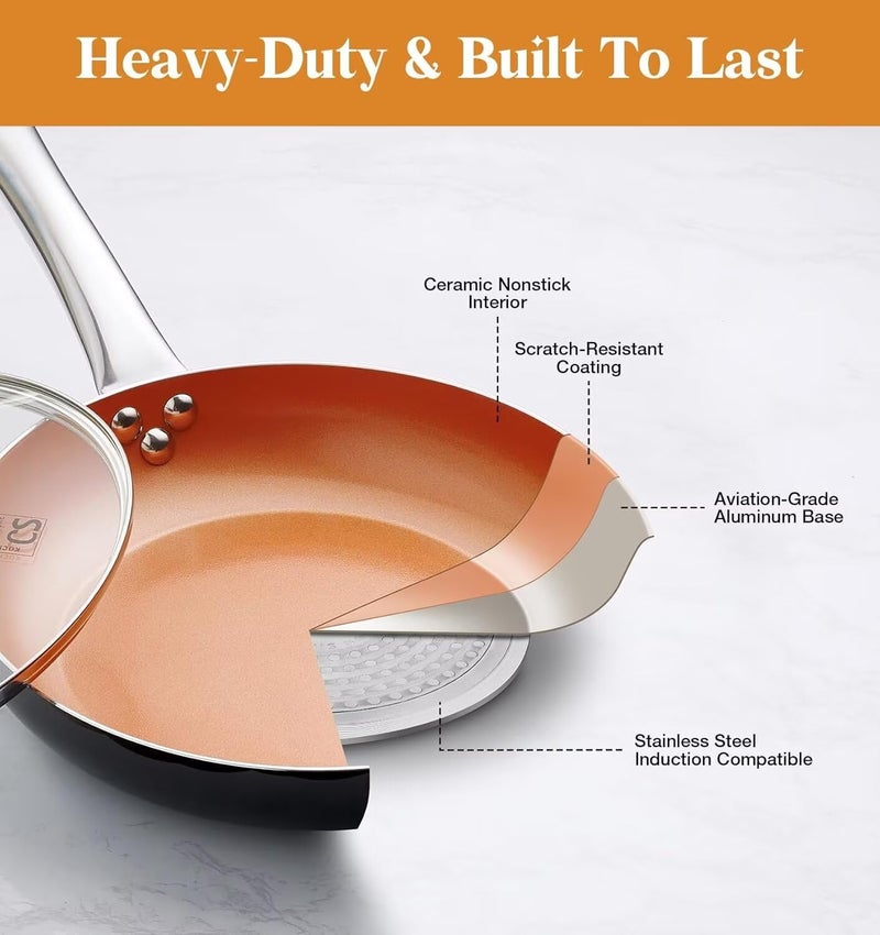 KOCH SYSTEME CS Little Skillet with Lid - 8" Copper Nonstick Frying Pan for Oven & Stove, Small Skillet with Ceramic Coating, Aluminum Nonstick Pan, 100% PFOA Free, All Stove Tops Compatible - Image 5
